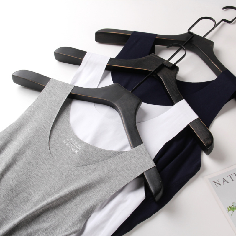 2025 new men's vest ice silk seamless round neck white summer tight V-neck wide shoulder sports sleeveless vest