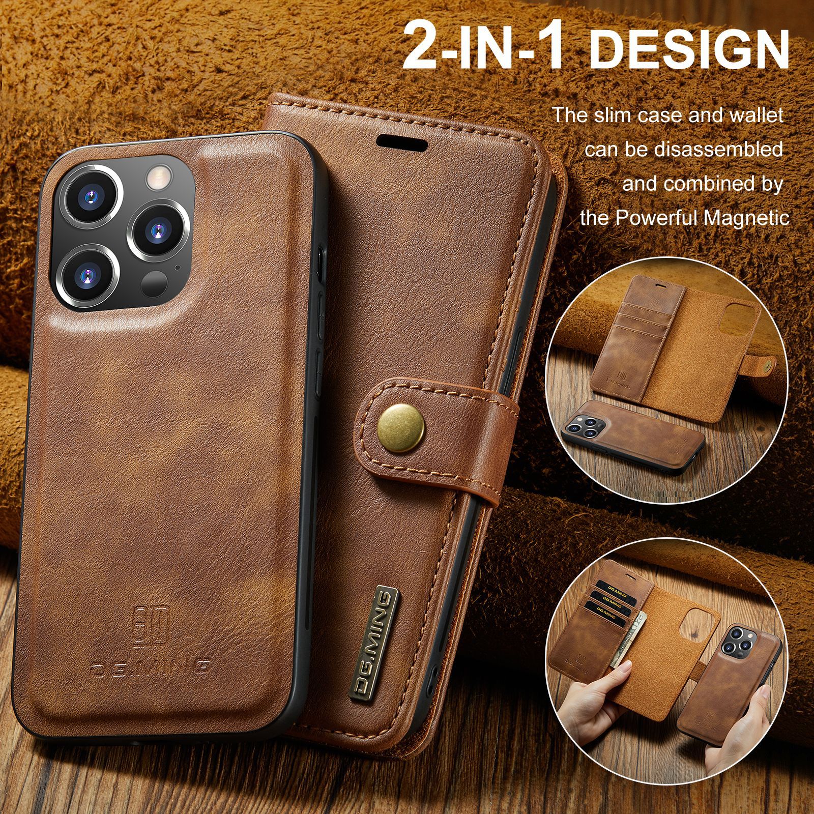 For iPhone14 Pro Max Strong Magnetic Split Leather Case Apple 13 Pro 2-in -1 Wallet Mobile Phone Leather Case