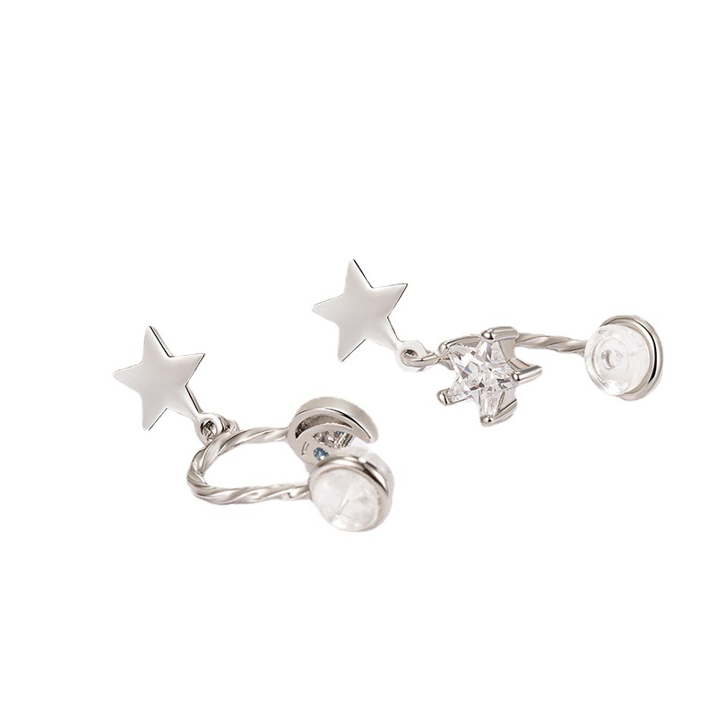 Asymmetric Moon and Stars Earrings Women's Light Luxury Simple Elegant Niche Design High-grade Painless Ear Clip Earrings without Ear Holes