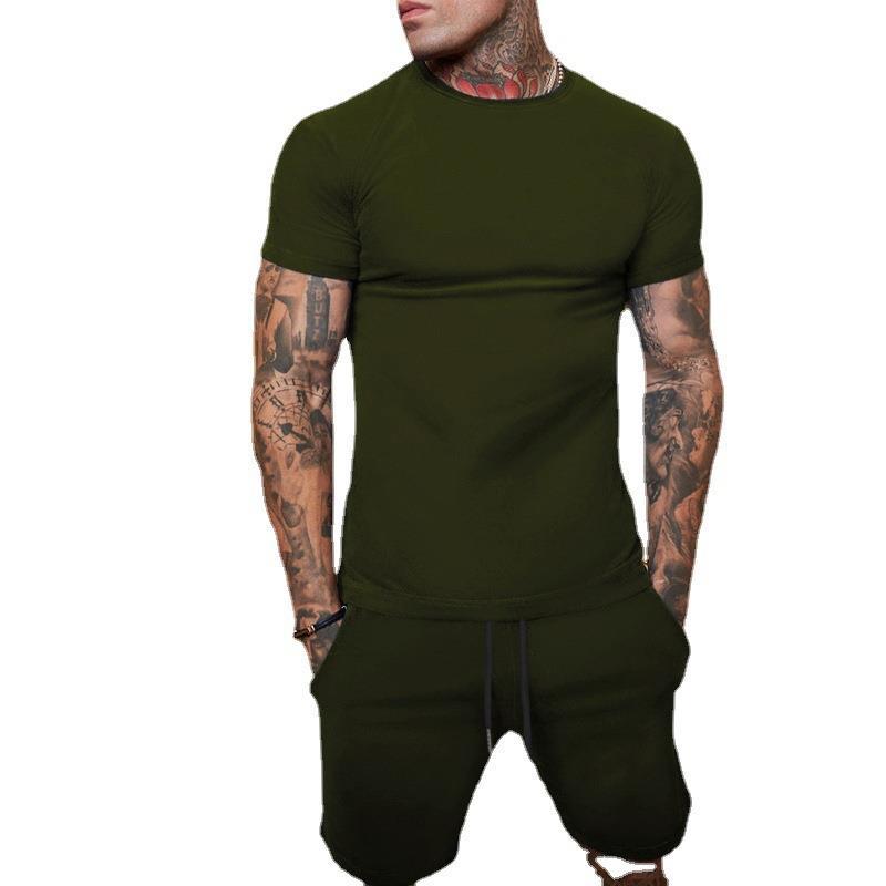 Foreign Trade Men's Solid Color Shorts Short-sleeved T-shirt Sports Suit Men's Thin Summer Two-piece Printable logo