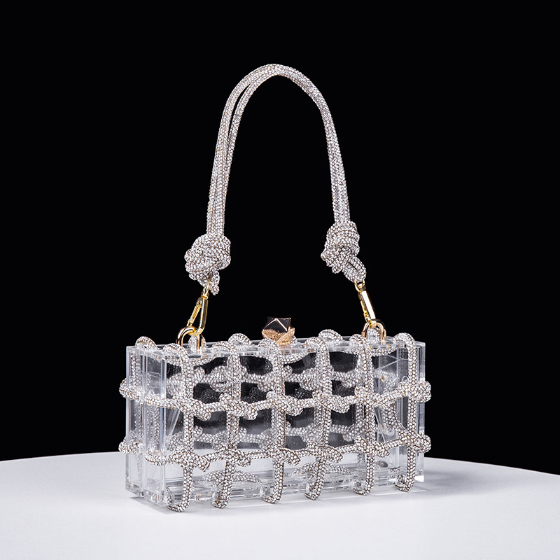 Cross-border foreign trade wholesale acrylic transparent storage box banquet hand-woven rope small square armpit handbag