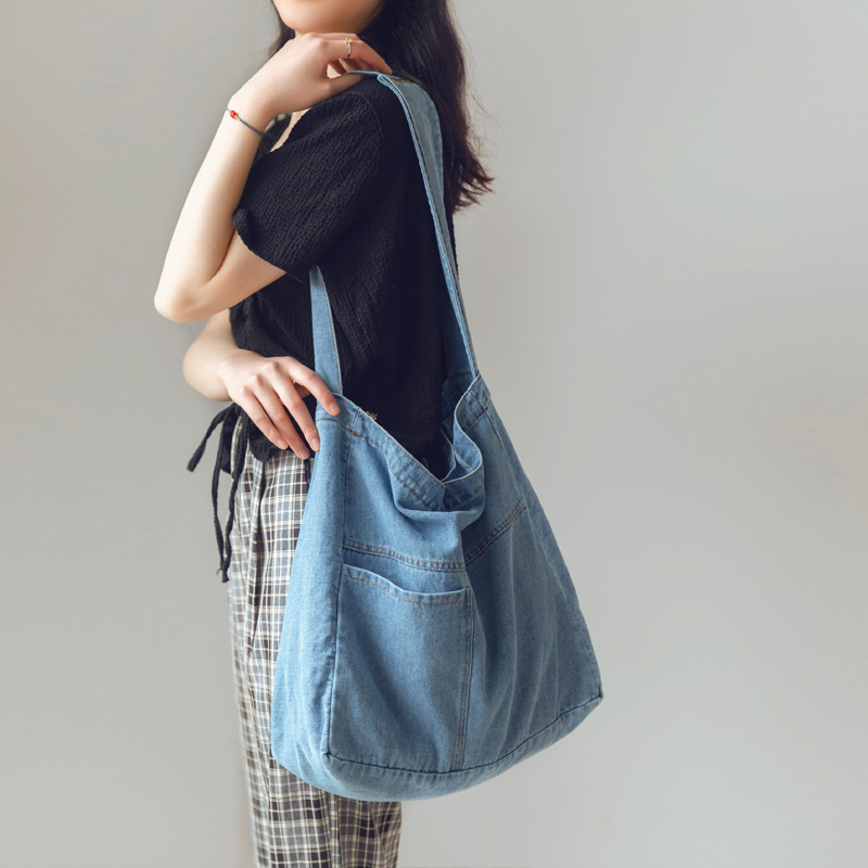 Washed Denim Bag Large Capacity Crossbody Bag Student Class Bag Women's Japanese Canvas Bag Korean Style Simple Shoulder Bag