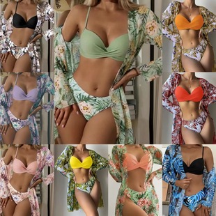 European and American foreign trade swimsuit Amazon AliExpress new printing long sleeve sexy three-piece mesh blouse bikini