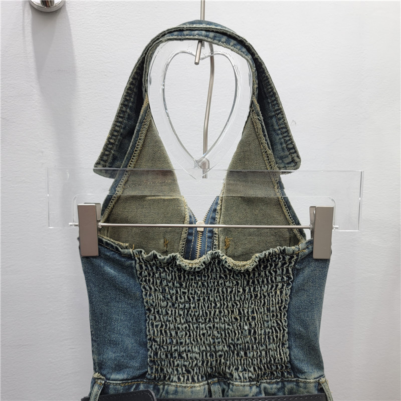 Summer new Korean style POLO collar sleeveless single-breasted vest + high waist curling wide leg shorts Denim suit women