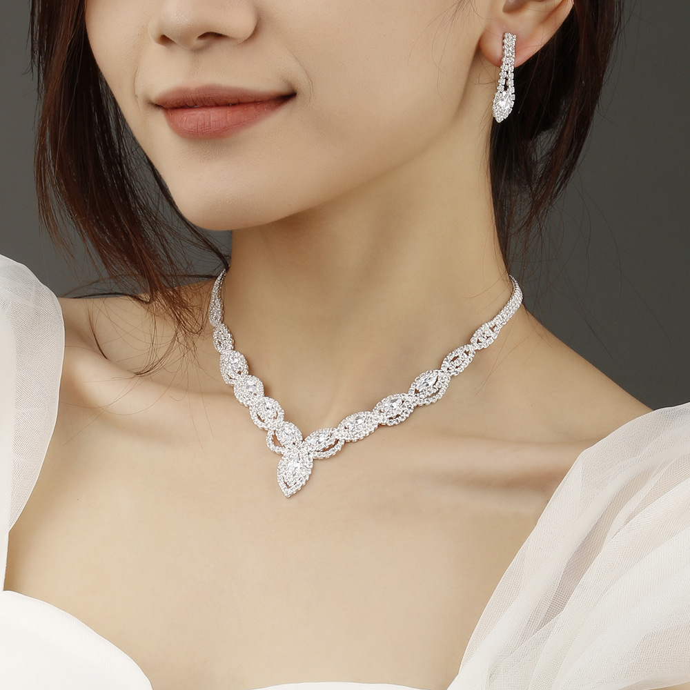 Cross-border Bestselling Necklace Earrings Bracelet Set High-End Wedding Bride Maid of Honor Jewelry Full Diamond Zirconia Wholesale