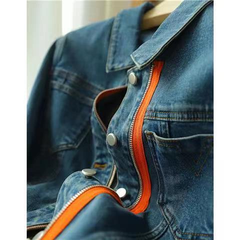 Contrast Color Zipper Denim Jacket Women's New 2023 Early Spring Retro Fashion All-match Short Jacket for Petite Spring and Autumn