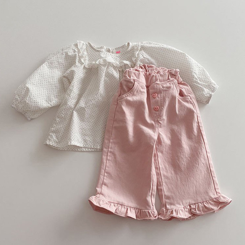Girls' Pants 2023 New Spring Clothing Baby Girl Vintage Wood-ear Casual Lace Wide Leg Pants Children's Trendy Pants