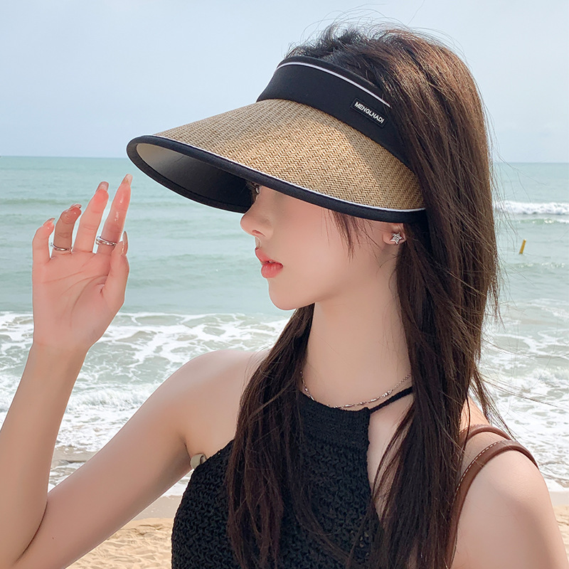 UV straw top hat women's summer foldable sun hat without top peaked straw hat black glue sun-proof sun-proof hat