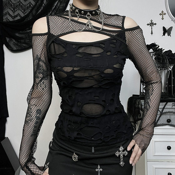 CF23498 autumn new personalized women's clothing dark style hot girl Sexy Slim mesh ripped long sleeve top for women
