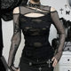 CF23498 autumn new personalized women's clothing dark style hot girl Sexy Slim mesh ripped long sleeve top for women