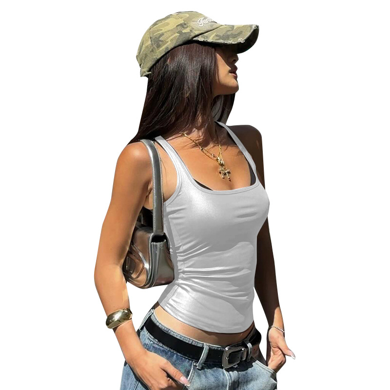 Q24TP323 European and American Women's Summer Amazon New Solid Color Square Collar Sleeveless Sexy vest T-shirt Top for Women