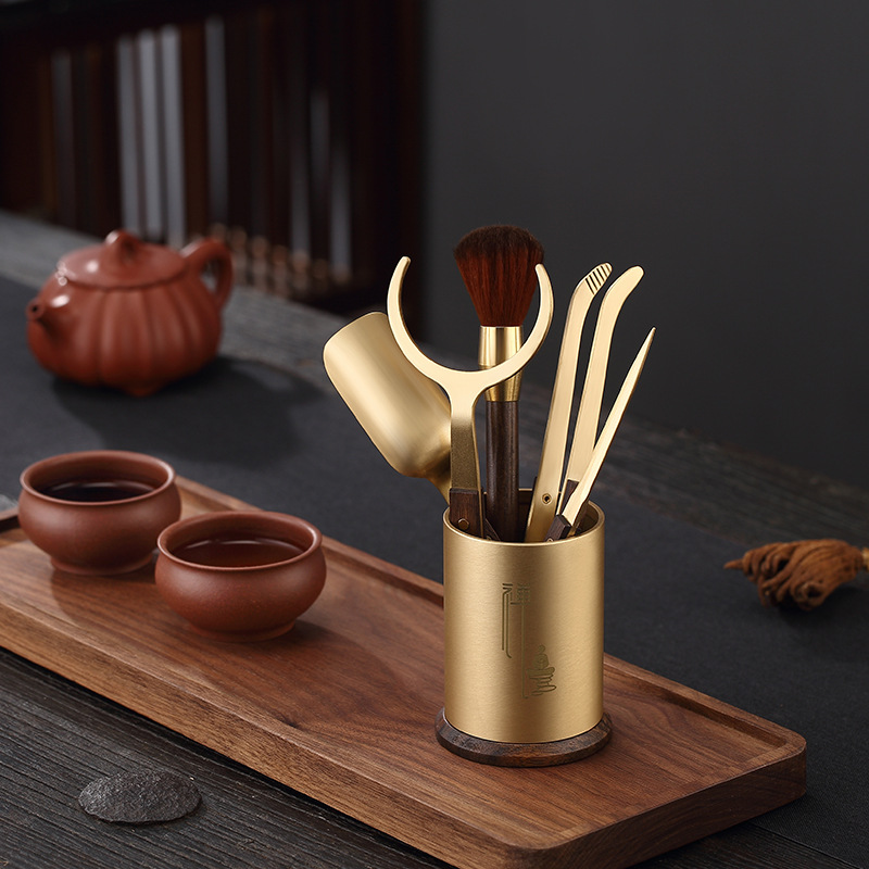 Brass Tea Ceremony Six Gentleman Copper Wood Tea Clip Tea Knife Tea Spoon Kung Fu Tea Set Accessories Cup Fork Pot Pen Tea Art Accessories