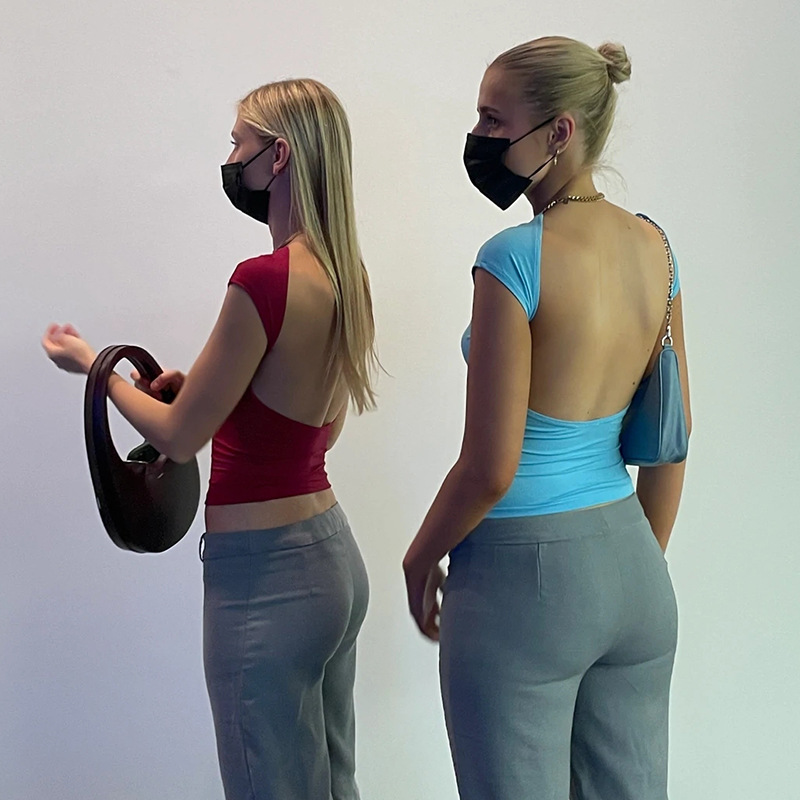 Summer 2024 Hole Backless Top Tight Short-sleeved Navel-exposed Half-high Collar Solid Color Hot Girl Sexy Women's T-shirt