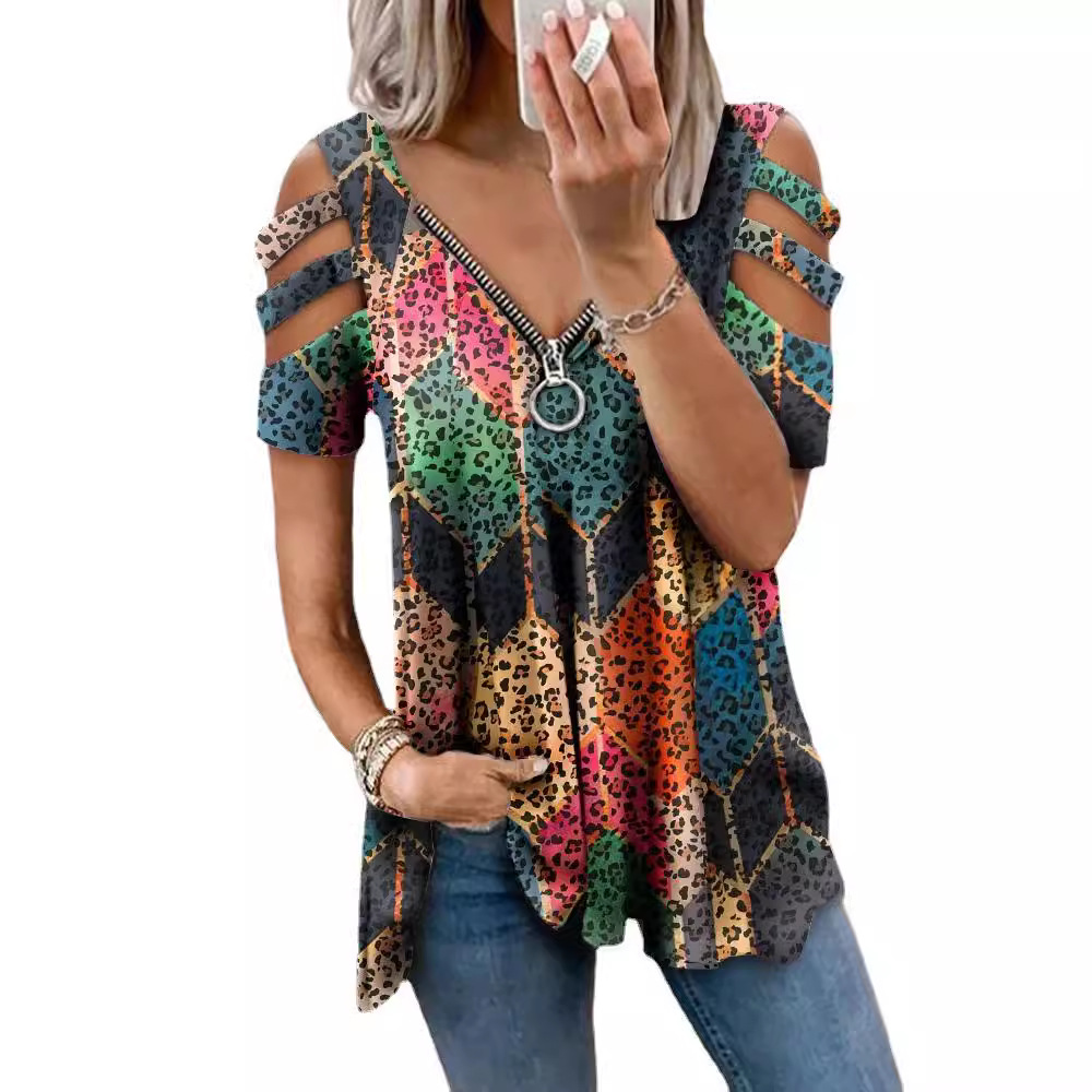 2024 European and American cross-border wish foreign trade Women's V-neck zipper pullover short sleeve loose T-shirt women's hollow top