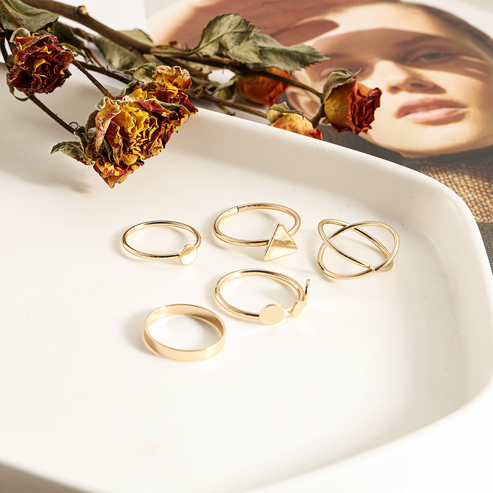 new alloy joint ring creative geometric cross triangle disc ring combination set of 5 pieces_voghion.com