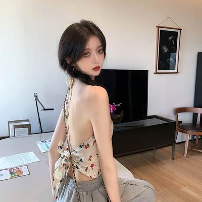 Small Flower Drawstring Hanging Neck Butterfly Belt Sling Summer 2023 New Knot Tie Belt Outer Wear Vest Spice Girl Tube Top