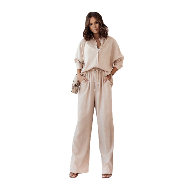 2022 European and American Autumn and Winter INS New Loose Stretch Wrinkled Long-sleeved Shirt Wide-leg Pants Casual Set for Women