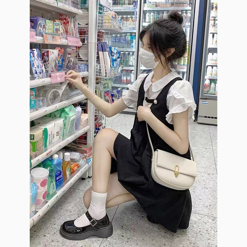 College Style Strap Dress Women's High-end Sweet Fresh Doll Collar First Love Little Man Black Dress for Summer