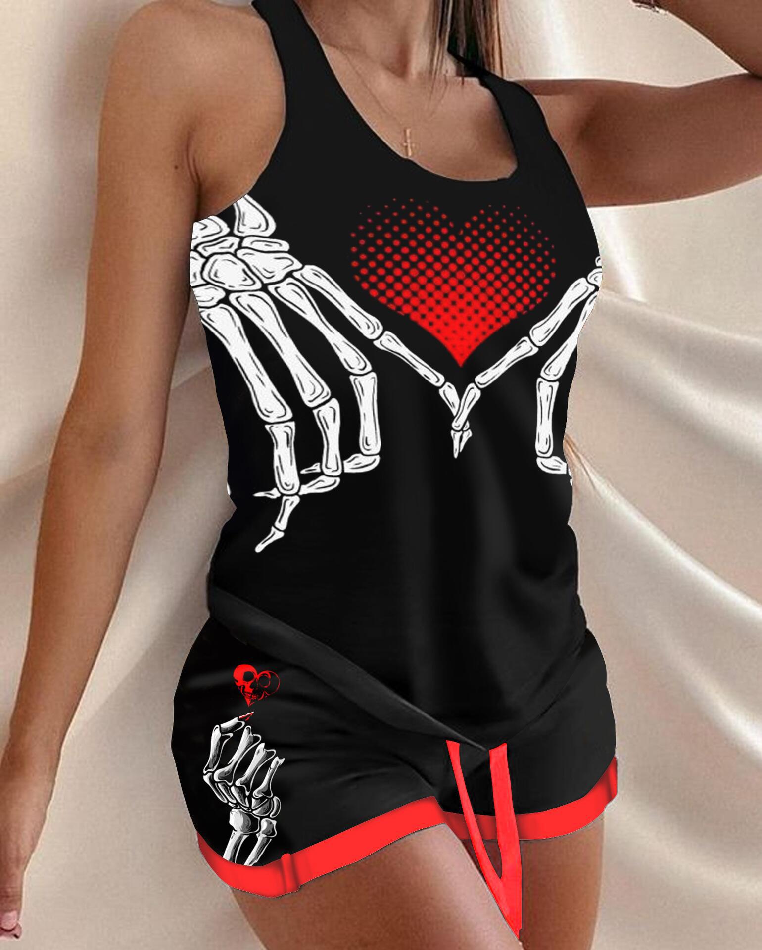 Halloween New I-Shaped Printed Vest and Drawstring Belted Shorts Set Elegant Commuter Sleeveless Women's Clothing