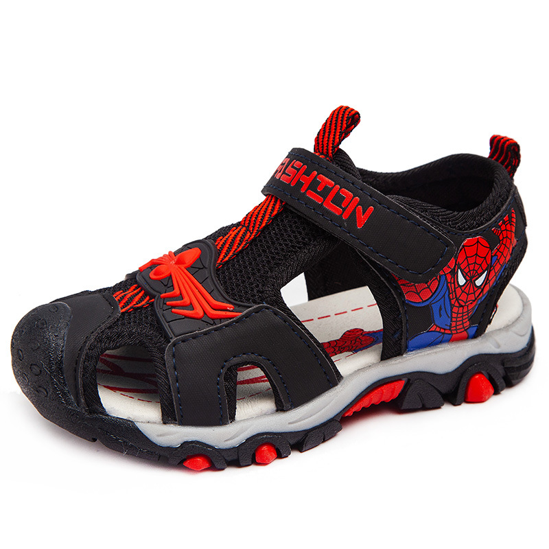 Children's Sandals 2024 Summer New Teen Sandals Boys Cartoon Spider-Man Toe Beach Shoes Velcro