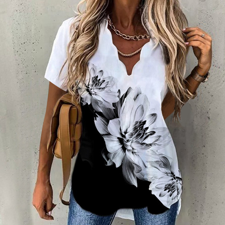 2024 Amazon cross-border European and American autumn new women's short-sleeved loose printed wave collar printed women's T-shirt