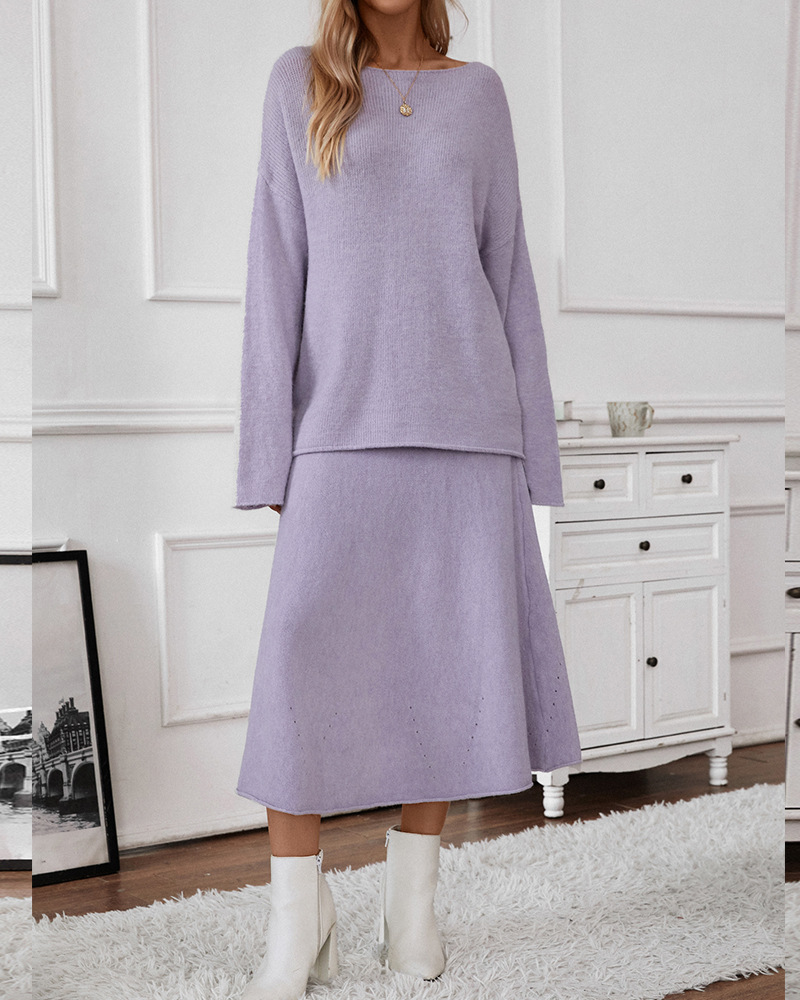2024 autumn and winter New European and American style elegant knitted suit women's off-shoulder sweater top elastic waist fishtail skirt_voghion.com
