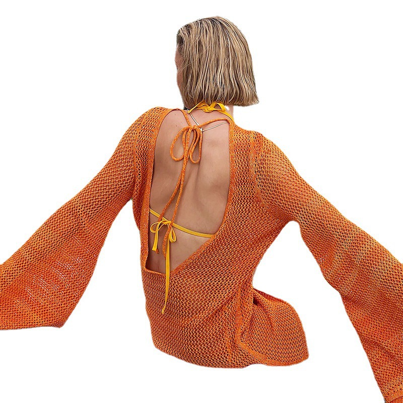 2022 European and American New Knitted Loose Bat Sleeve Sexy Backless Beach Dress Bikini Hollow Blouse Women