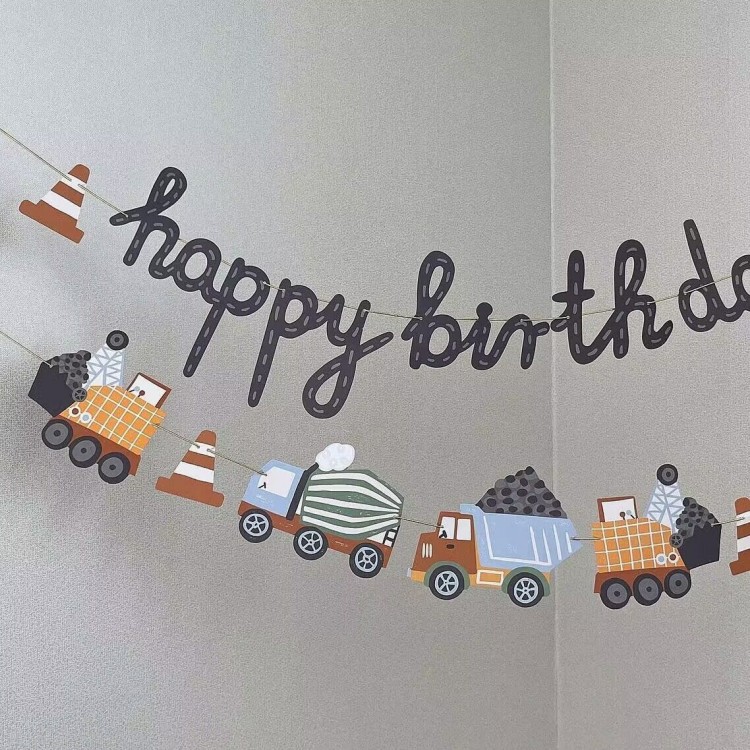 Ins Style Simple Car Alphabet Engineering Vehicle Children's Birthday Party One Year Old Hundred Days Decorative Background Banner for Baby