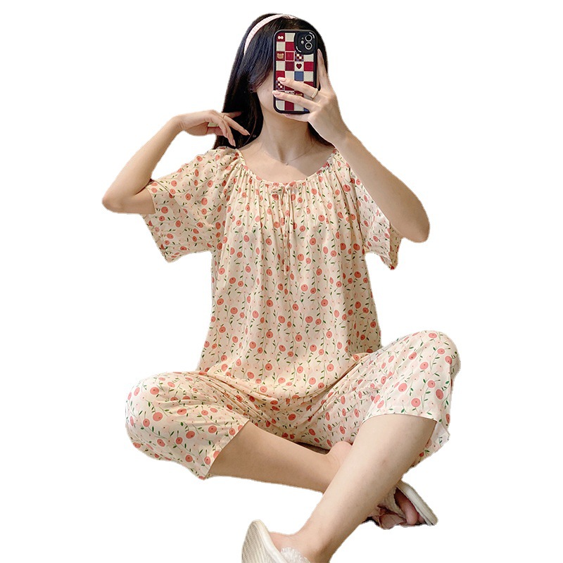 2024 Summer People's Cotton Silk Women's Pajamas Short-sleeved Capri Pants Suit Fresh and Pastoral Style Quality Home Clothes for Walking