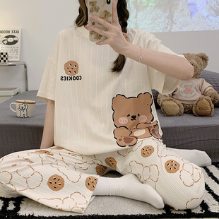 Pajamas Women's Spring and Summer Short-sleeved Pants Two-piece Suit Student Thin Cartoon Cute Instagram Style Outfit