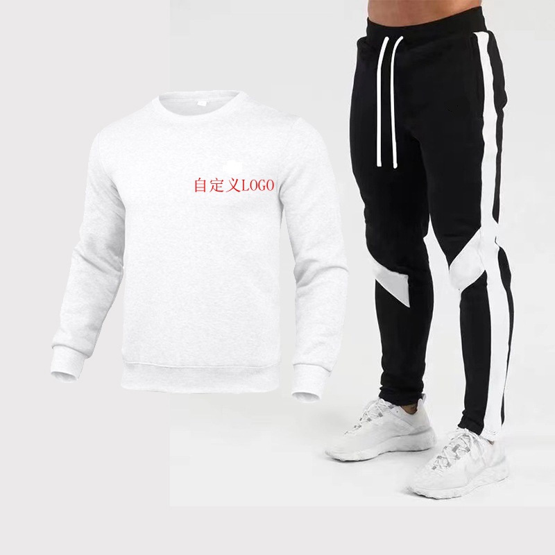 New European and American cross-border autumn and winter foreign trade Men's Round neck warm solid color sweater + trousers sportswear suit