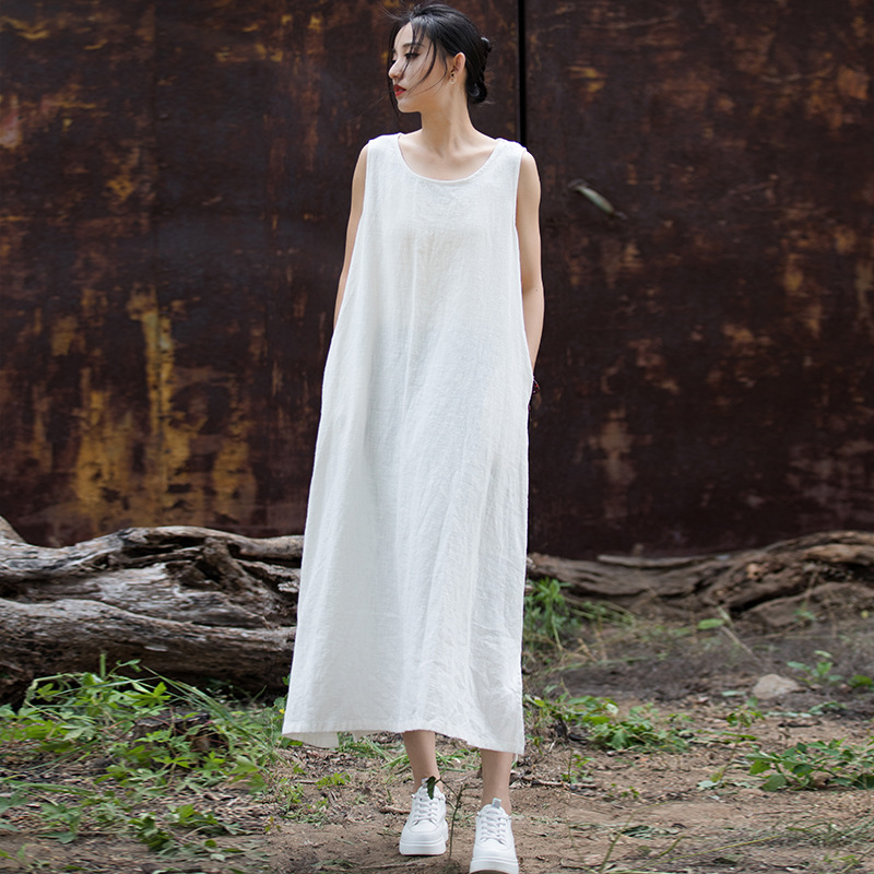 2024 Spring and Summer Cotton Linen Women's Clothing New Ramie Sleeveless Lace-up Dress Home Travel Long Dress Literary Style Dress
