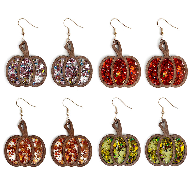 Cruz-frontera otoño pendientes Halloween calabaza textura de madera con incrustaciones de acrílico brillo lentejuelas hueco pendientes de moda