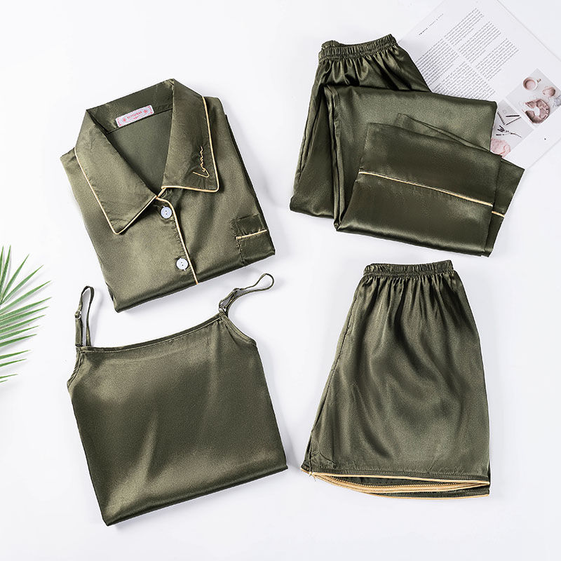 2023 new pajamas women Four Seasons can wear sweet solid color 5050 summer four-piece thin foreign trade Home clothing 7