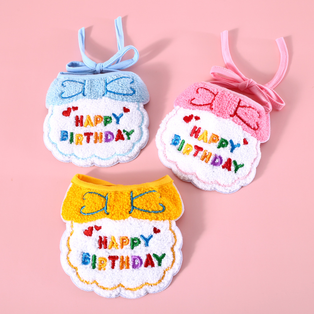 Pet Cat Teddy Dog Embroidered Birthday Party Bow Bib Spit Towel Scarf Hat Set Accessories