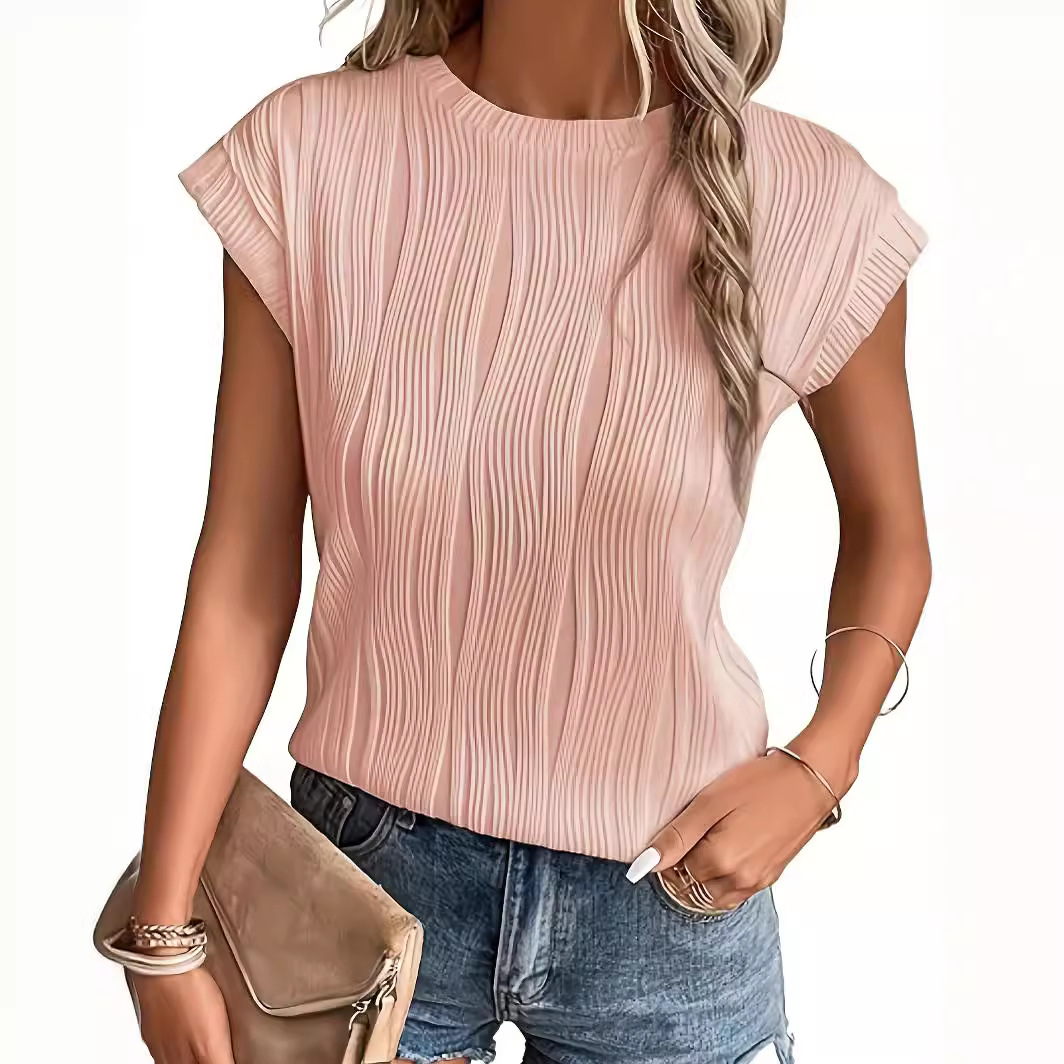 2024 new European and American new round neck sleeveless texture T-shirt top women's cross-border foreign trade women's clothing