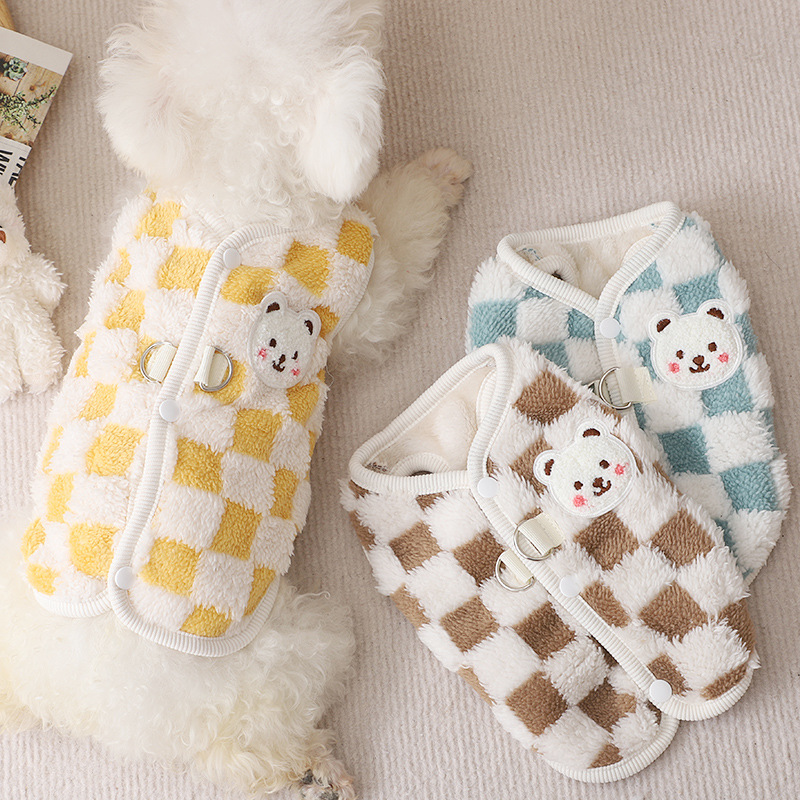 Dog clothes fleece-lined thickened Teddy winter home multi-color checkerboard Plaid velvet vest warm anti-cold two-leg clothes