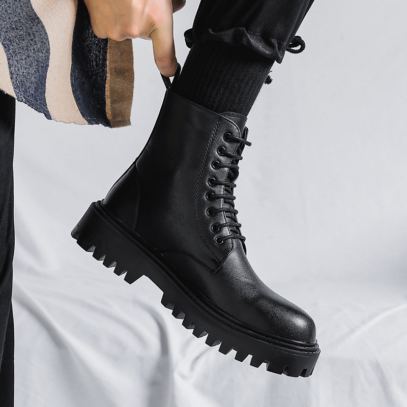 Internet Popular Martin Boots Men's High-top Trendy Spring and Autumn British Style Retro Mid-top Leather Shoes Heightened Black Leather Boots