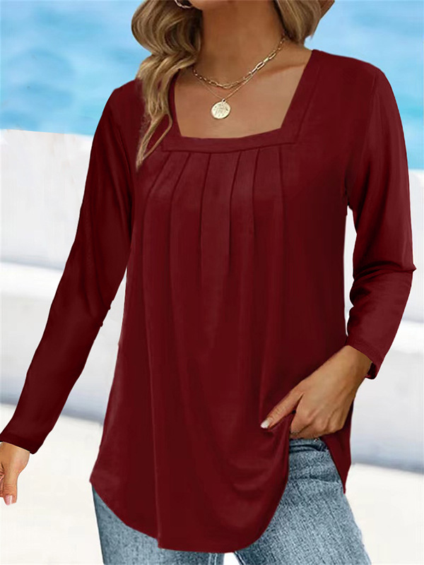  Amazon wish European and American clothing cross-border summer pleated solid color long-sleeved U-neck solid color loose