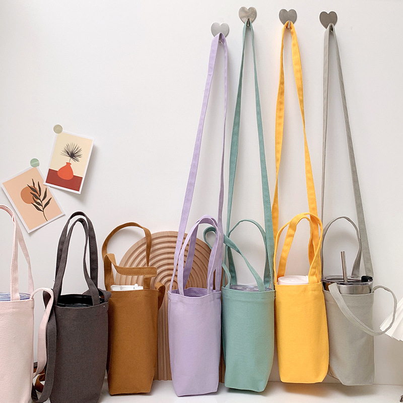 Portable Accompaniant Crossbody Cup Bag Coffee Bag Glass Cup Cover Hand-Carrying Portable Thermal Insulation Solid Color Canvas Cup Cover