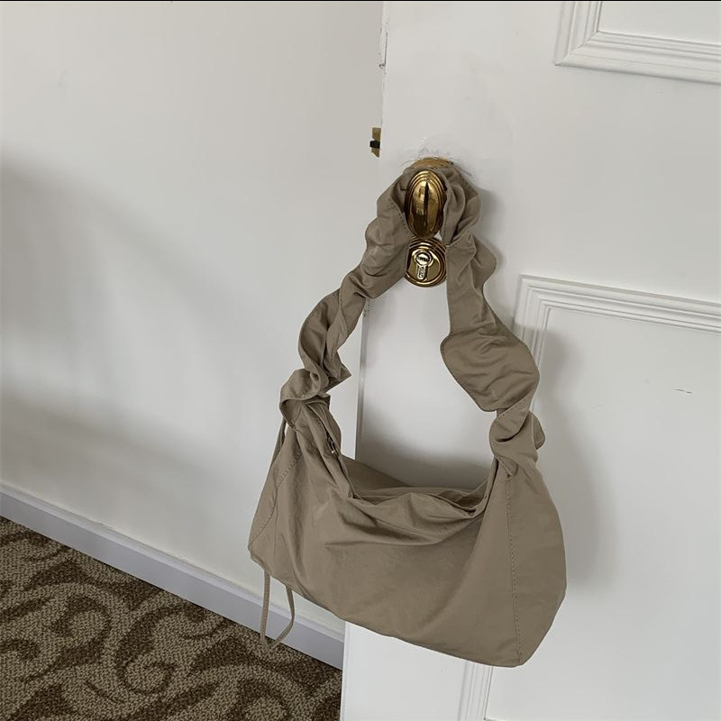 Canvas Bag Women's Korean-style Single-shoulder Pleated Drawstring Canvas Bag Small Fresh Artistic Solid Color Portable Crossbody Casual Women's Bag_voghion.com