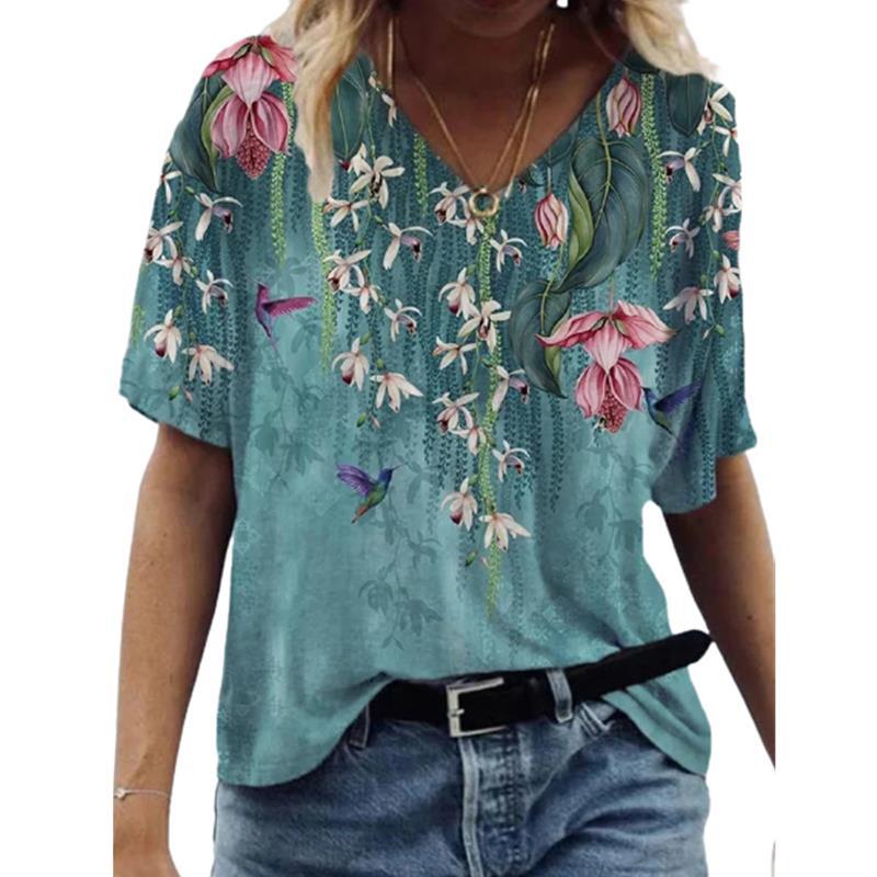  European and American independent station wish summer fashion floral print pullover V-neck short-sleeved T-shirt for women