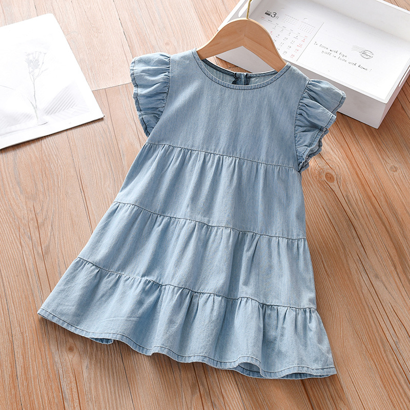 Children's Ruffled Denim Skirt 2024 New Girls' Dress Summer Korean Loose Round Neck Large Skirt Children's Wear