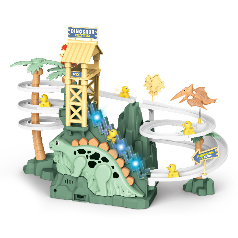 Online popular dinosaur slide double track electric dinosaur climbing stairs plug-in electric light creative track toy