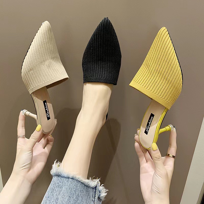 2020 New Style Slippers Women's Outer Wear Fashion Woven Retro Half Slippers Pointed Toe Covered Toe High Heel Thin Heel