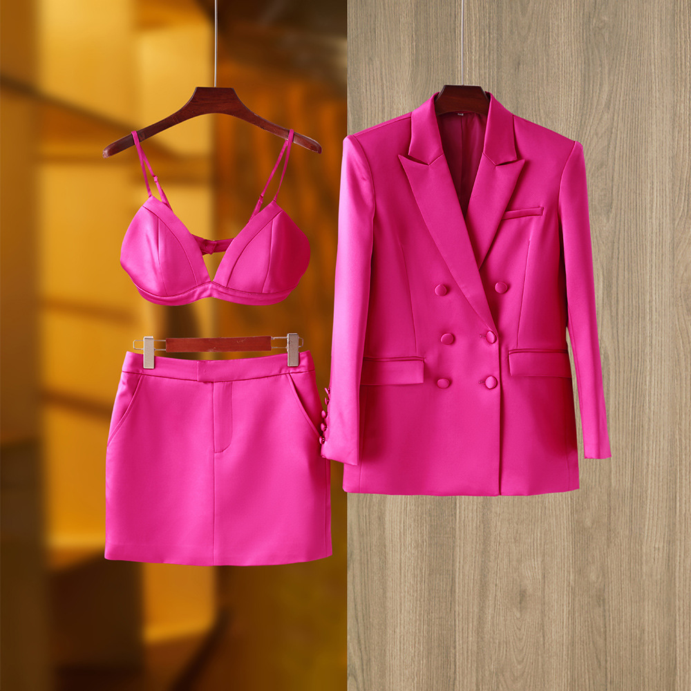 High-end French Retro Spring and Summer Sanding Bright Noodles Niche Design Suit Jacket Vest Skirt Three-piece Set_voghion.com