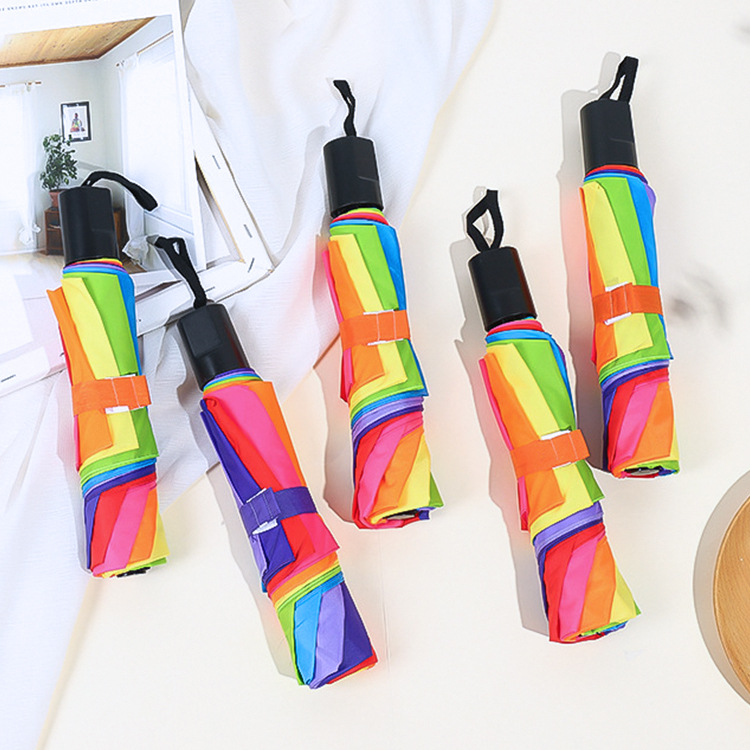 Factory wholesale three folding flat edge rainbow impact cloth umbrella umbrella color matching sun umbrella ladies umbrella gift