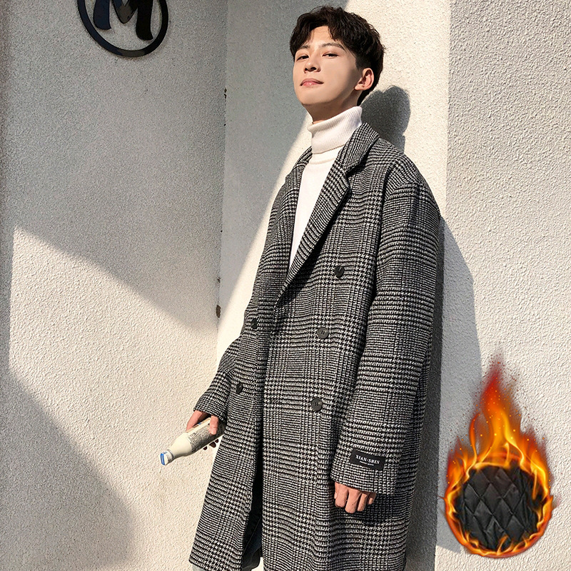 2022 Winter New Men's Korean-style Fashionable Double-breasted Woolen Coat Houndstooth Midi Woolen Trench Coat