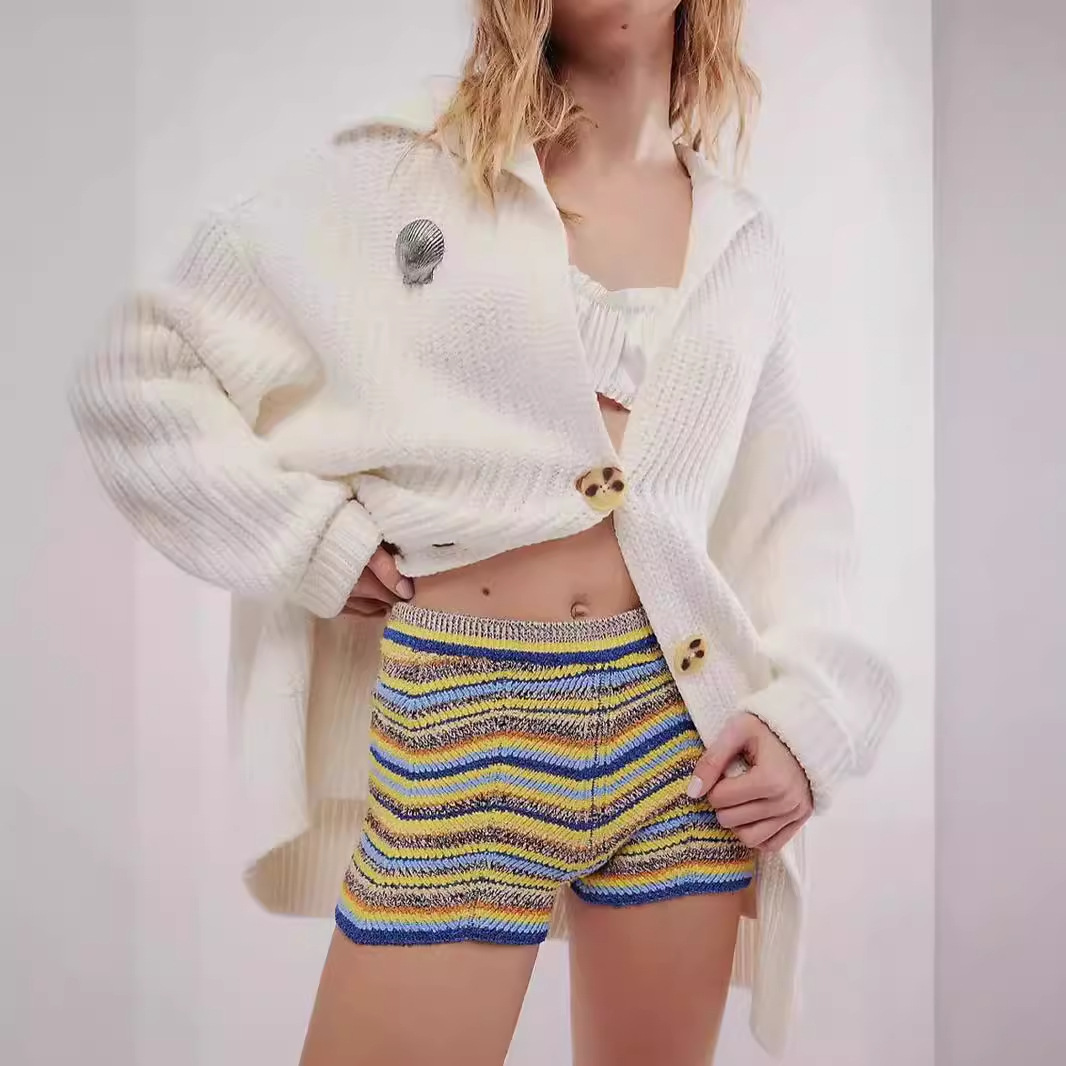 2024New Summer Dopamine Wear Slim-fit Rainbow Stripe Casual Sports Contrast Color Shorts Hot Pants for Women