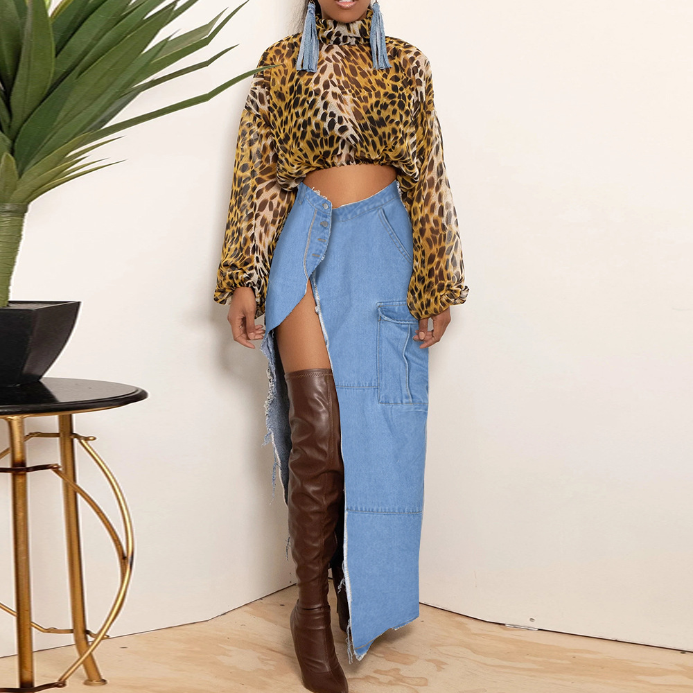 9150DD Nazada Foreign Trade Women's Clothing New Fashion Personalized Denim Washing Water Pocket Slit Tassel Skirt Women
